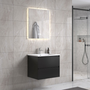 Noradesign 60 Cm Svart Matt Badrumsmöbel M/vit Handfat Och Rektangulär Spegel