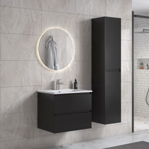 Noradesign 60 Cm Svart Matt Badrumsmöbel Med Rund Spegel Och 1 Badrumsskåp