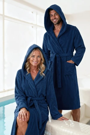 Niebieski Hotelowy Szlafrok Z Kapturem Frotte 450
