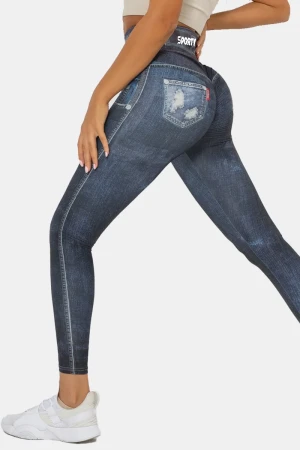 Sporty Look-Alike-Jeans Tights - Deep Blue , M