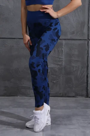 Sporty Camo Scrunch Leggings - Dark Blue , M