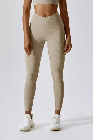 Ribbed Crossover Tights - Beige , L