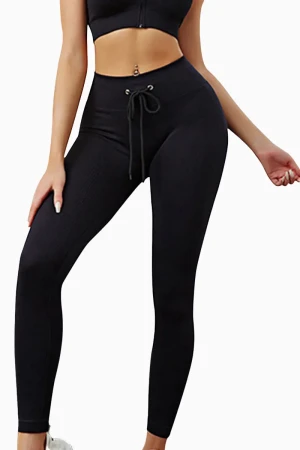 Shine Drawstring Tights - Black , S