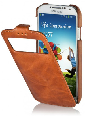 StilGut - Ledertasche mit Sichtfenster für Galaxy S4 i9500 and 9505 Cognac