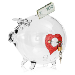 Szklana skarbonka | Rozmiar L | ŚWINKA OTWIERANA z zamknięciem i kłódką | bezbarwna + serduszko