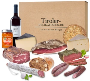 Speck-Käse-Paket, Geschenkset  ,,Gourmettraum,, (mit Wein) (7kg)