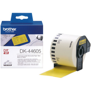 Taśma do Brother DK-44605 czarny nadruk na żółtym tle, 62mm x 30,48 metrów na rolce ŻÓŁTA USUWALNY KLEJ oryginalna