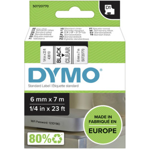 Taśma do Dymo D1 43610 6mm 7m przeźroczysta taśma czarny napis S0720770 oryginalna