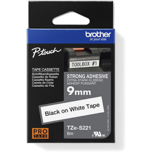Taśma do Brother Tze-S221 9mm 8m biała taśma czarny napis mocny klej strong oryginalna
