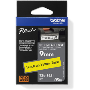 Taśma do Brother TZe-S621 9mm 8m żółta taśma czarny napis mocny klej strong oryginalna