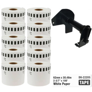 10 x Taśma do Brother DK-22205 czarny nadruk na białym tle, 62mm x 30,48 metrów na rolce WYMIENNY UCHWYT