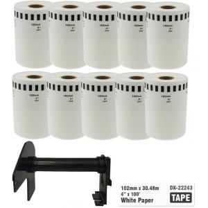 10 x Taśma do Brother DK-22243 czarny nadruk na białym tle, 102mm x 30,48 metrów na rolce WYMIENNY UCHWYT
