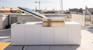 Outdoorküche KAARL 026 mit Flammkraft Block D & Kühlschrank in weiß durchgefärbt
