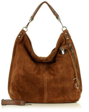 Torebka skórzana ponadczasowy design worek na ramię XL hobo leather bag - MARCO MAZZINI nubuk brąz migdałowy