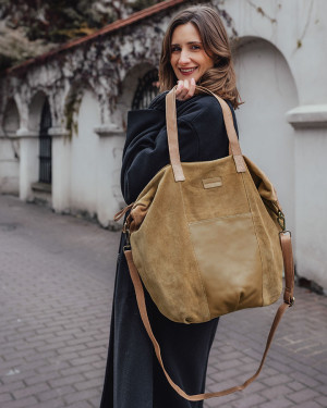 OKAZJA. Torba skórzana zamszowa shopper z kieszeniami - It bag MARCO MAZZINI beżowa