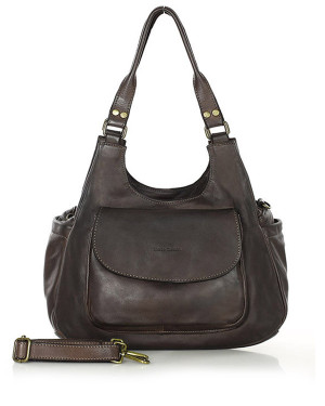 Włoska torebka skórzana z kieszenią z przodu retro bag handmade - MARCO MAZZINI ciemny brąz caffe