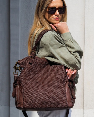 Miejska torebka z regulowanymi rączkami shopper pleciona skóra handmade - MARCO MAZZINI brąz