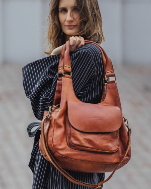 Oryginalna Włoska torebka skórzana z kieszenią z przodu retro bag handmade - MARCO MAZZINI brąz camel