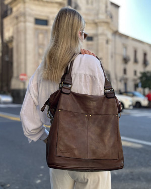 Torebka skórzana XL shopper vintage bag z kieszeniami vera pelle - MARCO MAZZINI czekoladowy brąz
