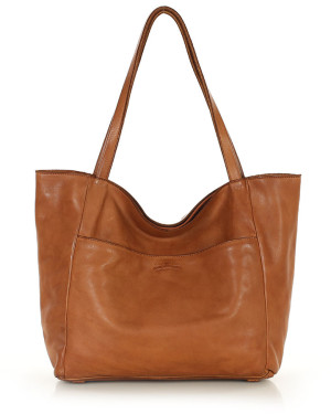 Duża torebka shopper skórzana z kieszenią zewnętrzną brąz camel - Marco Mazzini
