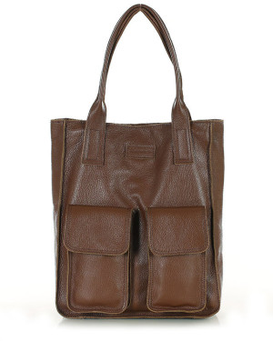 Torebka skórzany shopper bag z kieszeniami - MARCO MAZZINI czekoladowy brąz