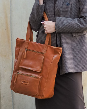 Torebka skórzana shopper z kieszeniami i przegrodą – brąz camel Marco Mazzini