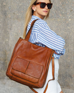 Torebka damska shopper A4 skóra naturalna - MARCO MAZZINI brąz camel