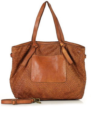OKAZJA. Oryginalna torebka pleciona damska skórzany shopper bag - MARCO MAZZINI brąz camel