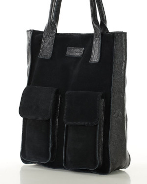 Torebka zamszowa shopper bag z kieszeniami skóra naturalna - MARCO MAZZINI czarny