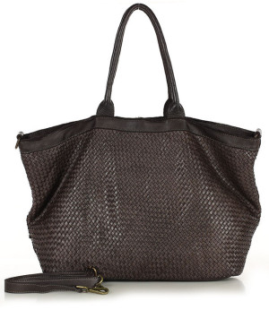 OKAZJA. Duża torba shopper z plecionej skóry naturalnej - MARCO MAZZINI ciemnobrązowa caffe