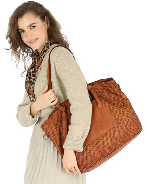 Oryginalna torebka pleciona damska skórzany shopper bag - MARCO MAZZINI brąz camel