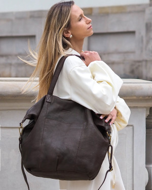 OKAZJA. Torba damska skórzana shopper z kieszeniami - It bag MARCO MAZZINI smooth brąz caffe
