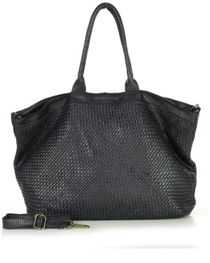 OKAZJA. Duża torba shopper z plecionej skóry naturalnej - MARCO MAZZINI czarna