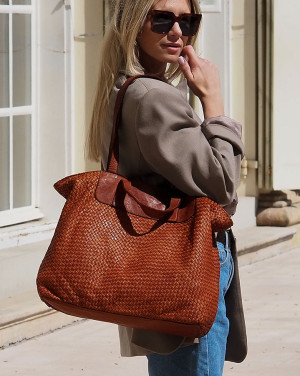 Torba damska pleciona shopper & shoulder leather bag - MARCO MAZZINI brąz karmel