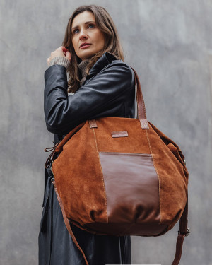 OKAZJA. Torba skórzana zamszowa shopper z kieszeniami - It bag MARCO MAZZINI brązowy