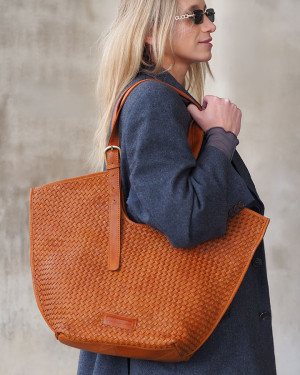 Torebka skórzana shopper pleciona A4 na ramię – brąz camel MARCO MAZZINI