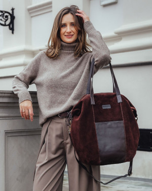 OKAZJA. Torba skórzana zamszowa shopper z kieszeniami - It bag MARCO MAZZINI ciemny brąz
