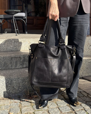 Torebka skórzana XL shopper vintage bag z kieszeniami vera pelle - MARCO MAZZINI czarny