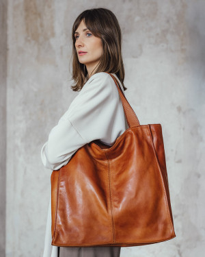 Duża skórzana torebka shopper na ramię – MARCO MAZZINI brązowa camel, idealna na miasto