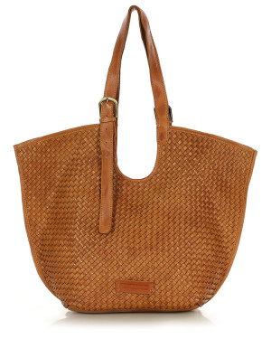 Torebka skórzana shopper pleciona A4 na ramię – brąz camel MARCO MAZZINI