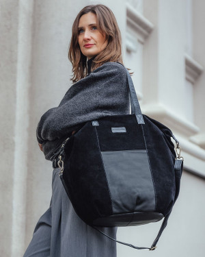 OKAZJA. Torba skórzana zamszowa shopper z kieszeniami - It bag MARCO MAZZINI czarna