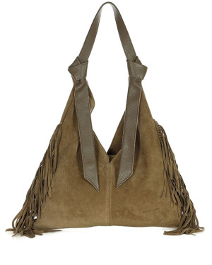 Torebka zamszowa shopperka skórzana frędzle boho beżowa taupe - MARCO MAZZINI