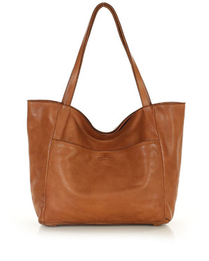 Duża torebka shopper skórzana z kieszenią zewnętrzną brąz camel - Marco Mazzini