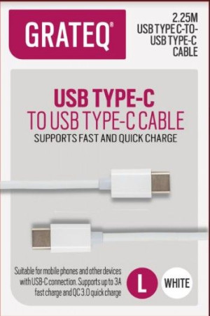 Grateq usb-c - usb-c kaapeli 100w 2.25m valkoinen