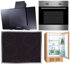 PKM Elektroset 4-tlg. inkl Einbau-Kühlschrank KS120, Glaskeramik-Kochfeld EB-C4, Multifunktions-Einbaubackofen F7 und Dunstabzugshaube 9041-80 XBG |