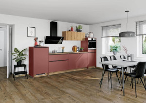 Einbauküche Win 01 inkl E-Geräte und Einbauspüle ca. 320 cm breit von Express Küchen Karminrot matt / Eiche NB astig | 1