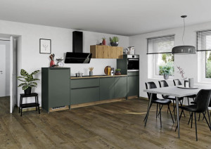Einbauküche Win 01 inkl E-Geräte und Einbauspüle ca. 320 cm breit von Express Küchen Grün matt / Eiche NB astig | 1