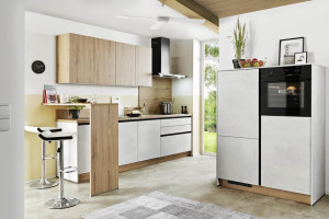 Einbauküche BASE B12 inkl E-Geräte und Einbauspüle ca. 280 + 185 cm von Express Küchen Steinweiß / Eiche NB astig | 1