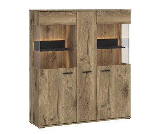 Highboard 3-trg mit Glas inkl. LED-Beleuchtung ca. 115x134x37 cm Eiche / Anthrazit
