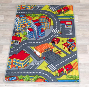 Kinderteppich Straße 80x120 cm – Mehrfarbiger Spielteppich | Grau, Grün, Gelb, Rot